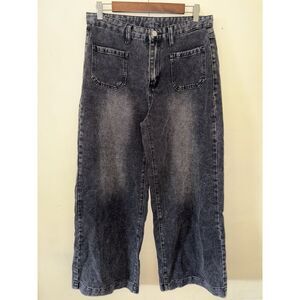 FLVSUN High Rise Wide Leg Jeans Washed Black Patch Pocket Sailor L 8/10